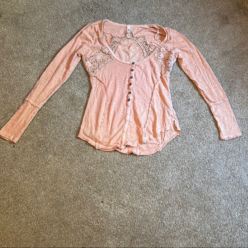 Free People Pink Lace Long Sleeve Top S